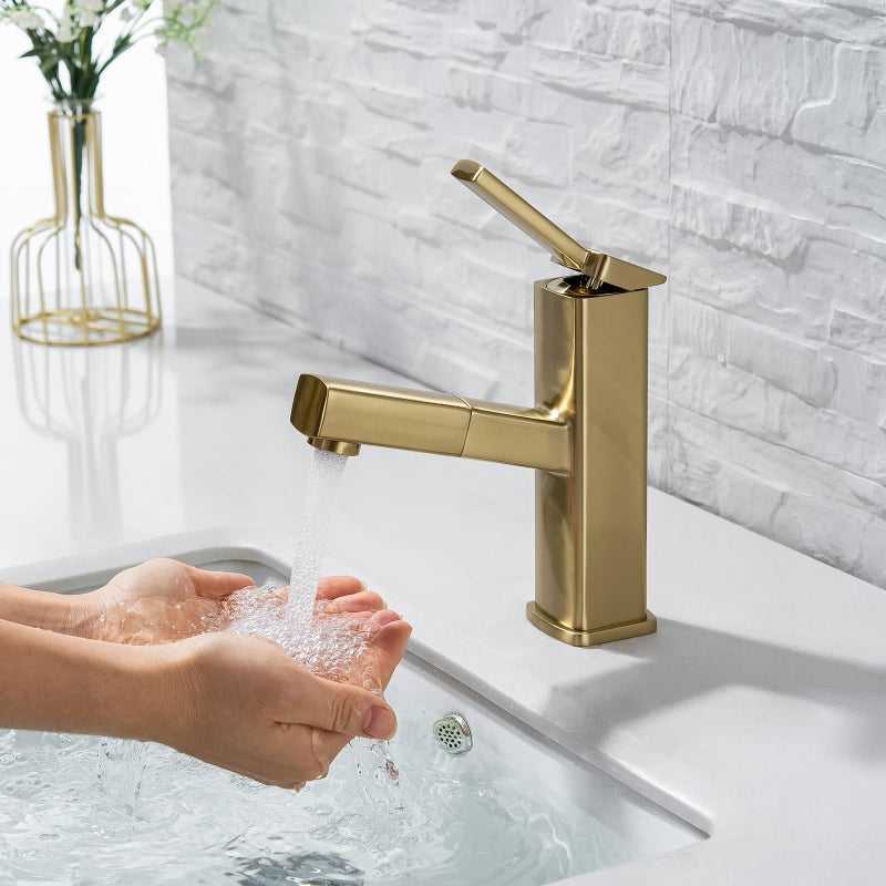 KAIYING Bathroom Sink Faucet with Pull Out Sprayer, Single Handle Basin Mixer Tap for Hot and Cold Water, Lavatory Pull Down Sink Faucet with Rotating Spout (Regular,Brushed Champagne Gold) - Image 4